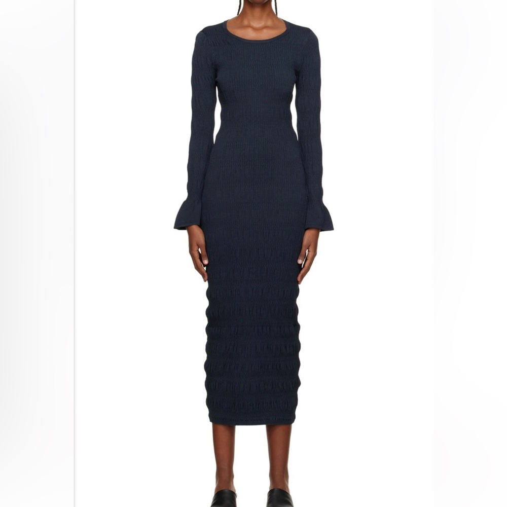 TOVE Giselle Midi Dress Navy Blue Crewneck Ruching Texture Long Bell Sleeve LG